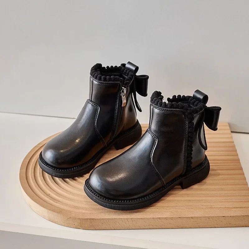 Pompom PU Leather Girls Ankle Boots