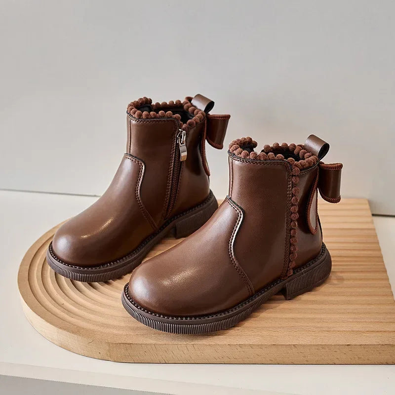 Pompom PU Leather Girls Ankle Boots