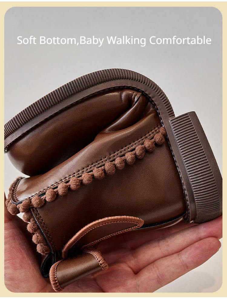 Pompom PU Leather Girls Ankle Boots