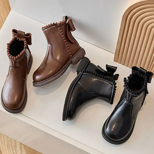 Pompom PU Leather Girls Ankle Boots