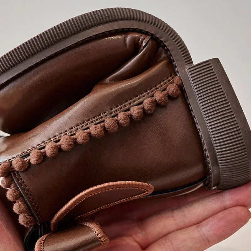 Pompom PU Leather Girls Ankle Boots