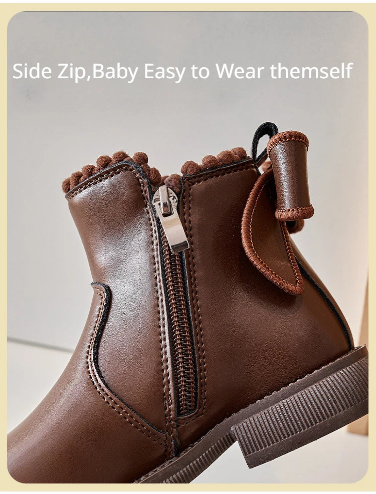 Pompom PU Leather Girls Ankle Boots